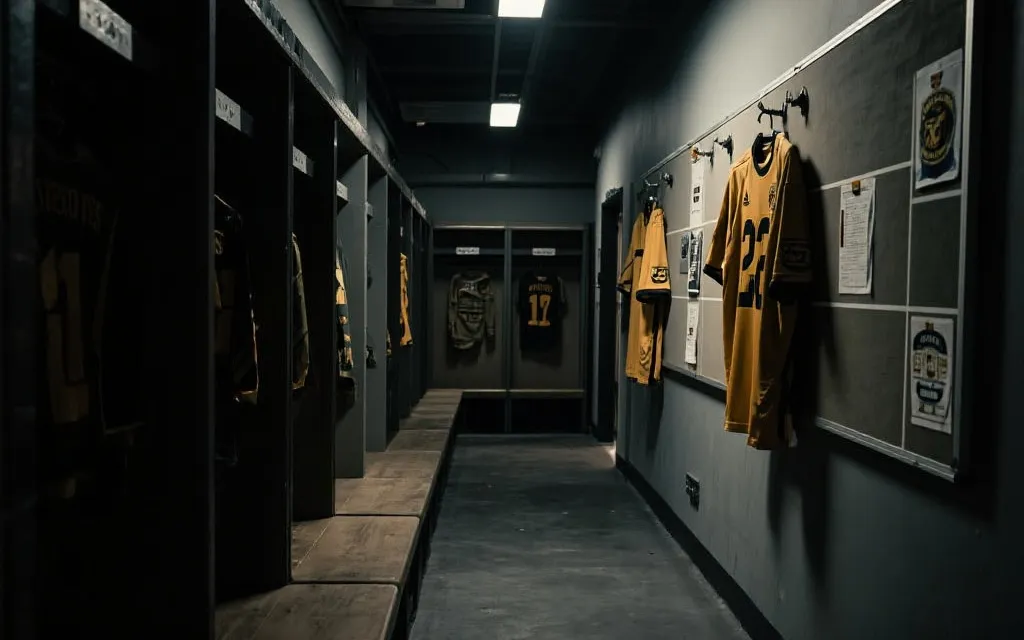 更衣室走廊里的战术板与球衣，灯光冷暖对比，纪录片风格