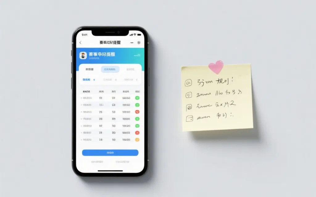 手机屏幕显示赛程提醒与规则笔记，旁边是手写便签，强调持续追踪